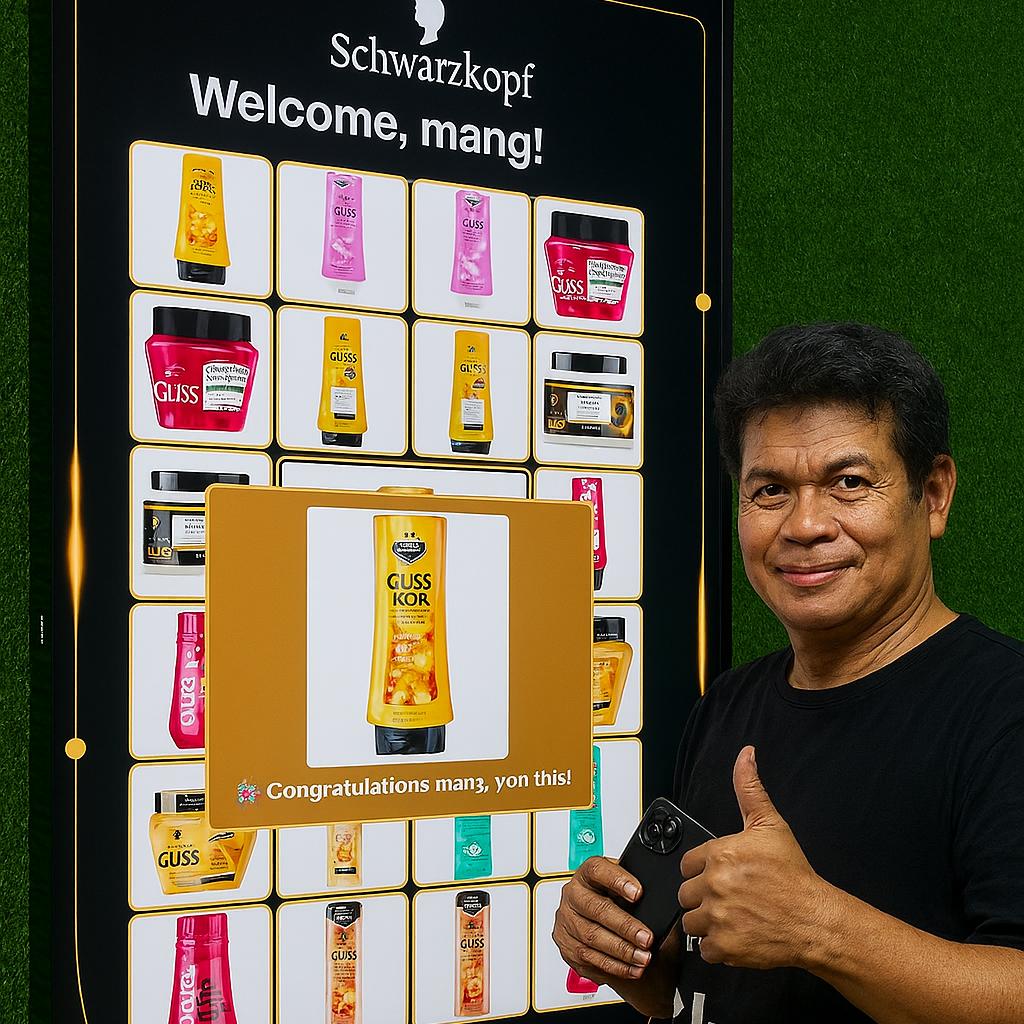 Guest playing Scan & Win interactive game by scanning QR code at a mall activation event in Dubai, with live name display and prize reveal on a big screen.